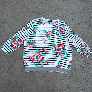Lands’ End XL Petite Supima Cotton Floral Stripe Sweater NWOT Black White Red